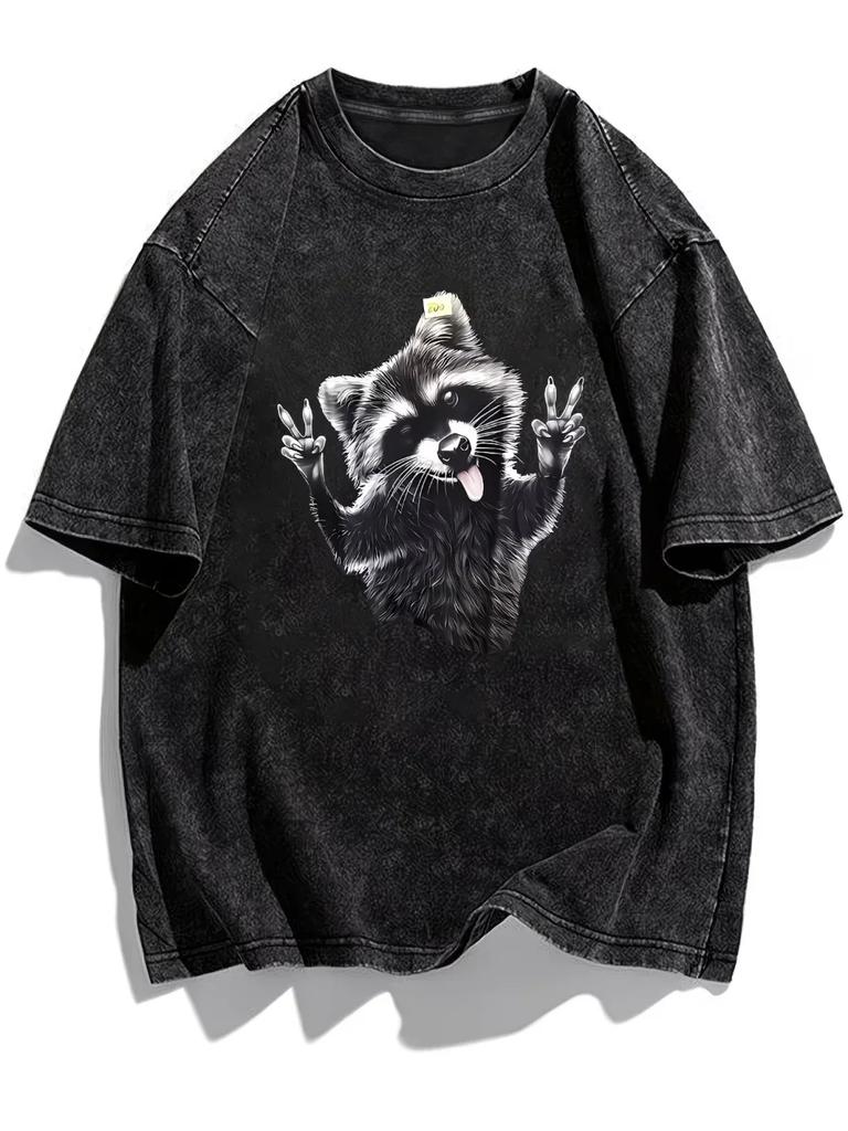 Vintage Raccoon Graphic T-Shirt Washed Cotton Acid Wash Streetwear Tee Retro Animal Print Top Oversized Casual Unisex Apparel