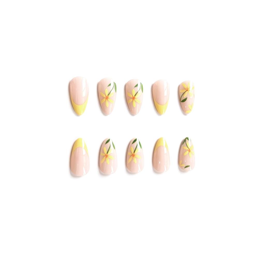 24 Nail Art Summer Fresh Lemon French Small Yellow Flower Short Almond Nail Wear Nail