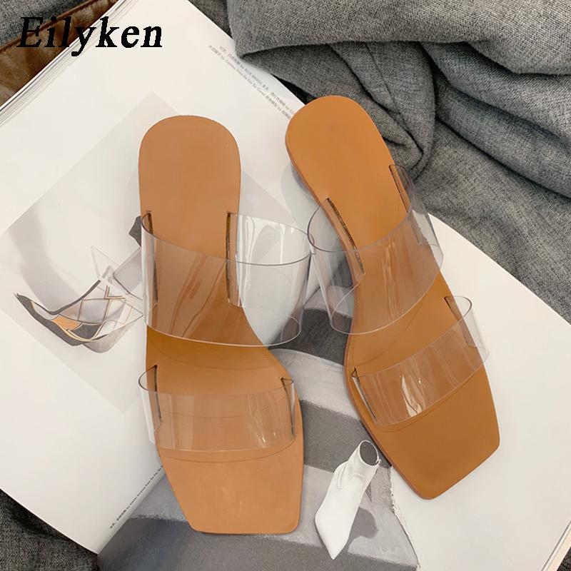 Fashion Eilyken Summer PVC Transparent Women Slipper Designer Crystal Heels Beach Sandals Square Toe Slides Shoes