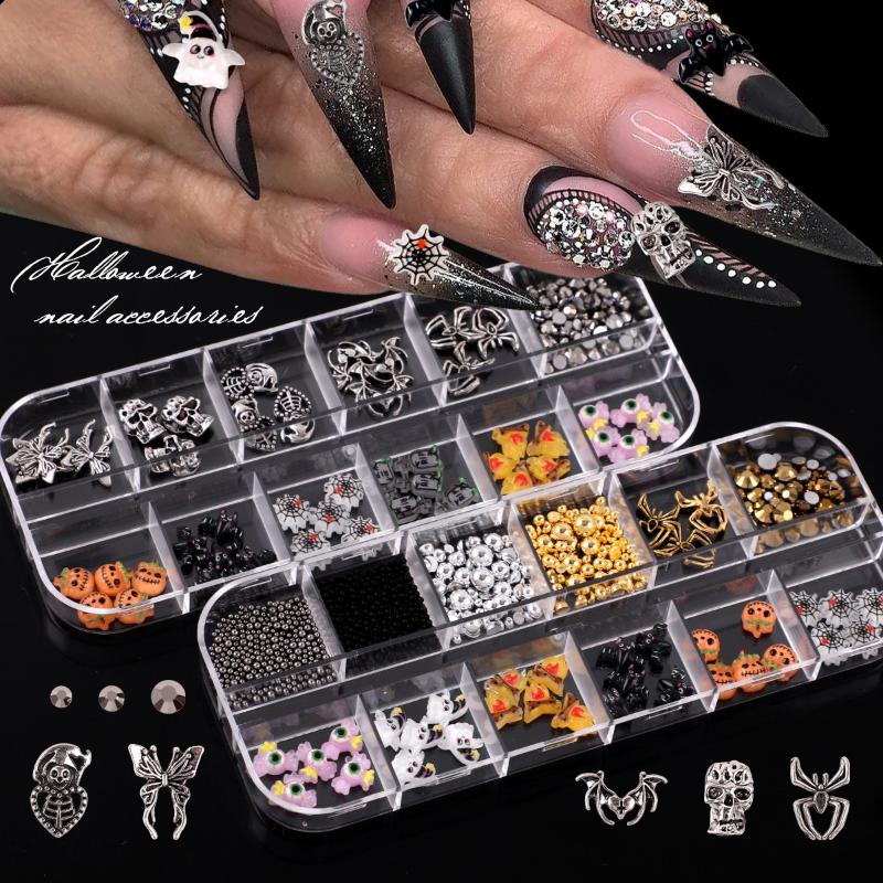 12 Grid Halloween Series Nail Art Jewelry Cartoon Ghost Pumpkin Spider Bat Nail Charms Diy Nail Art Decoration Accessories