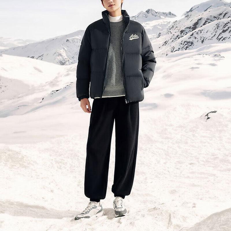 Anta Lifestyle Series Letter Print High Neck Loose Short Water Resistant Snow Shell Down Jacket Men Jacket Basic-Black 152348911-3