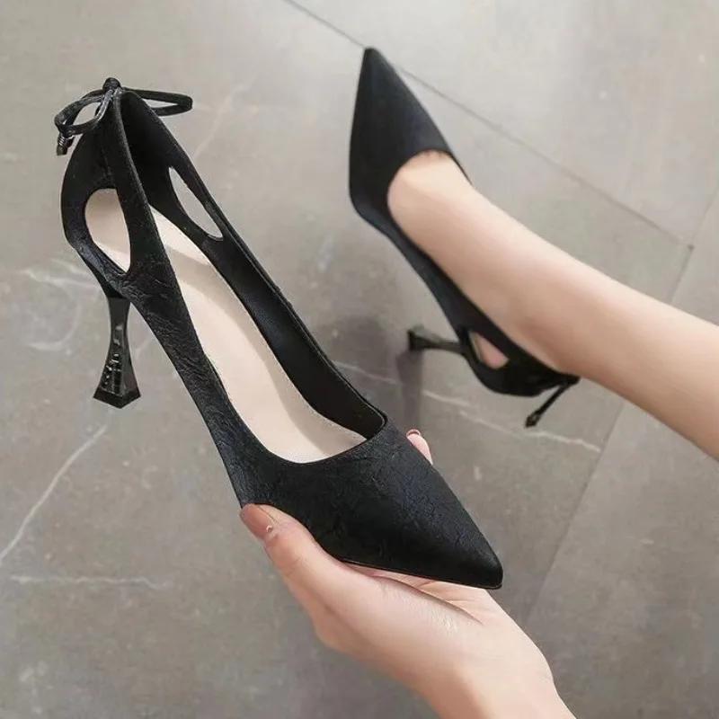 Maogu 2024 Spring Pointed Sexy Hollow Bow Fashion Elegant Ladies Dress Black High Heels Shoes Pointed Toe Stilito Heel Pumps 6cm