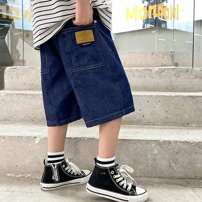 

Summer Boys Casual Denim Shorts Fashion Solid Color Thin Loose Jeans Pants for 3-12 Years Kids Children Cotton Trousers 110 тёмно-синий