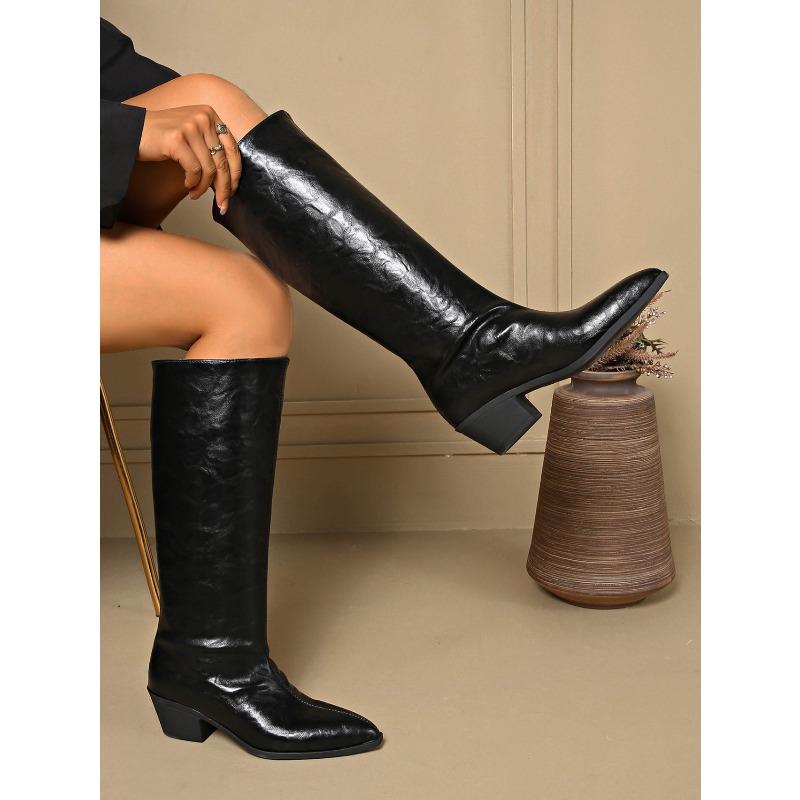 2025 Winter New Slimming Plus Size Mid-heel Skinny Boots Pointed Toe Thick Heel Retro British Style Knight Boots for Women