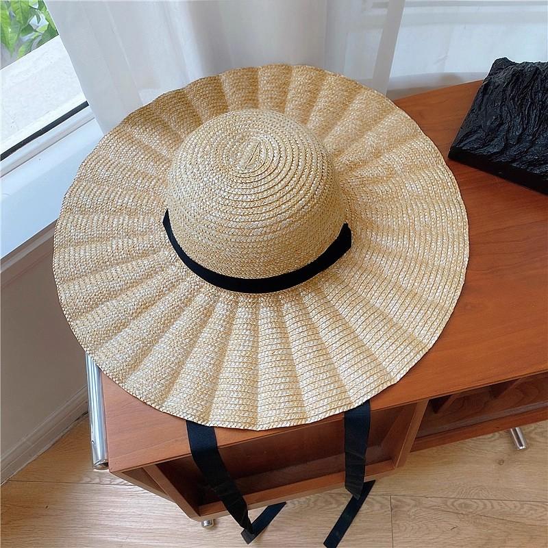 Boater Straw Hat wide brim French elegant square ribbon women's sun hat holiday straw hat