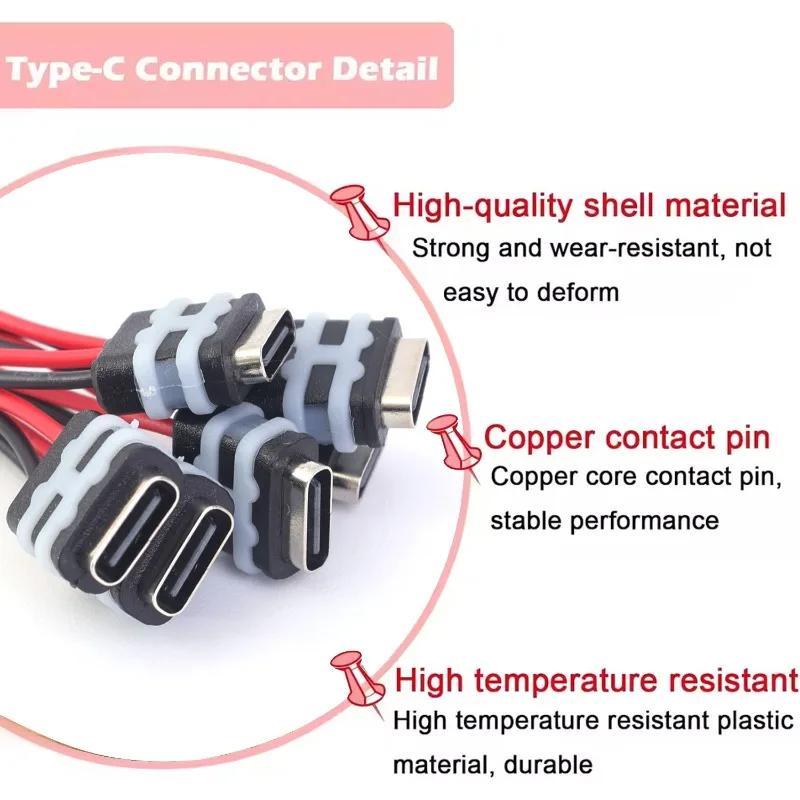 Type-C Female Socket Connector Waterproof Jack Female Charging Port 5V 3A Black Wire Connector for Auto 3C Household Appliances