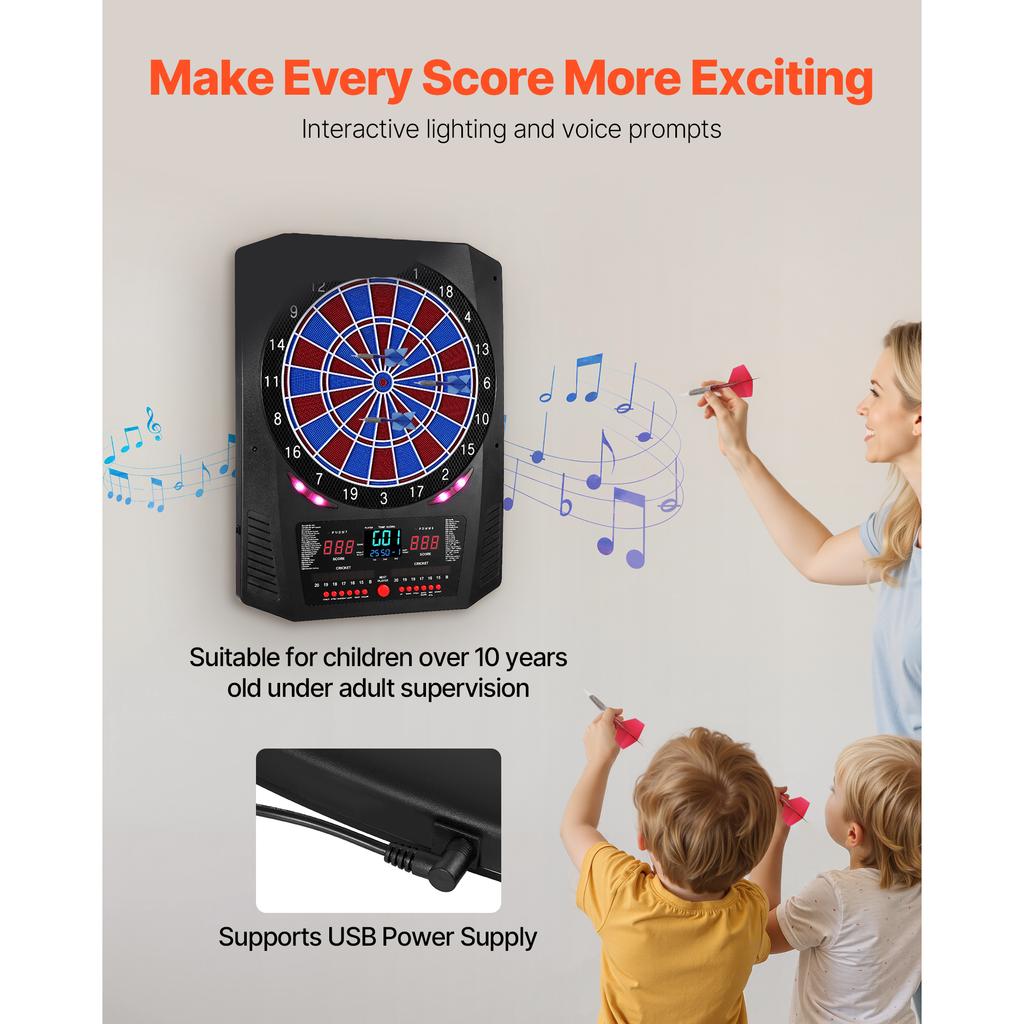 SucceBuy 13.5inch Electronic Dart Board 45 Games 474 Variations 8 Players 6 Darts 50 Soft Tips LED Scoring for Home Party Bar