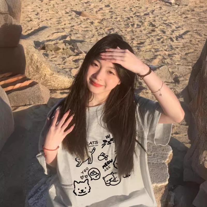 Summer Harajuku Style Lovely Printing Pullover Cotton T-shirt Ladies Short Sleeve Vintage Simple All-match Tee Top