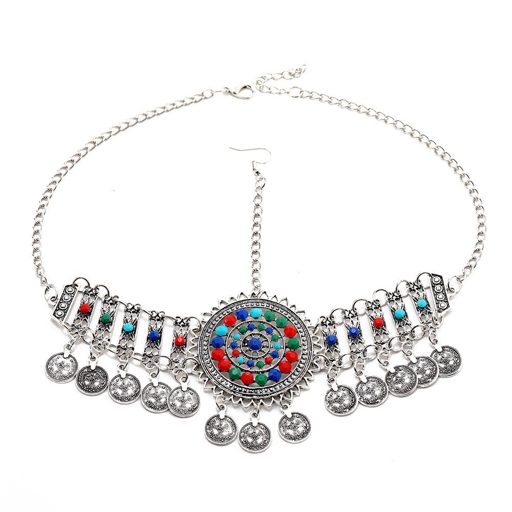 Vintage Afghan Gypsy Coin Headband Bracelet Earrings Sets Boho Colorful Rhinestone Round Hollowed Flower Turkish Female Zircon