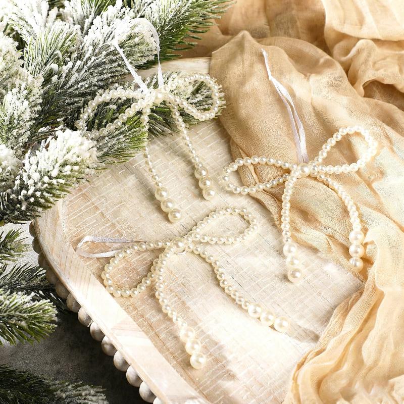 2/12Pcs Hand Woven Pearl Bow Christmas Ornament - Fringe Pendant Tree Decor, Holiday Party Girls Room Festive Decor Supplies