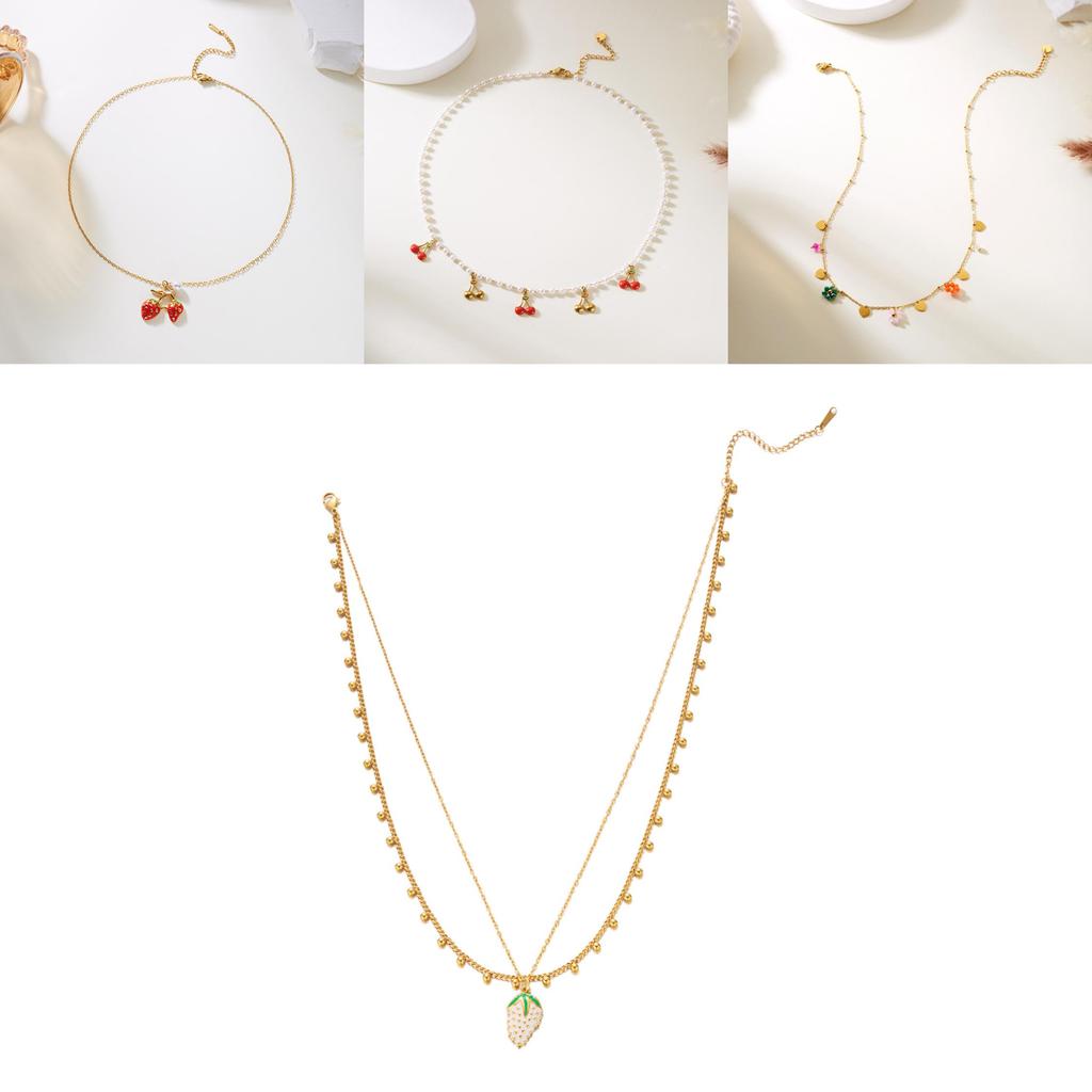 Erdbeere Kirsche Wasserkristall Anhänger Halskette Set mit mehrlagiger Edelstahlkette für den Sommer