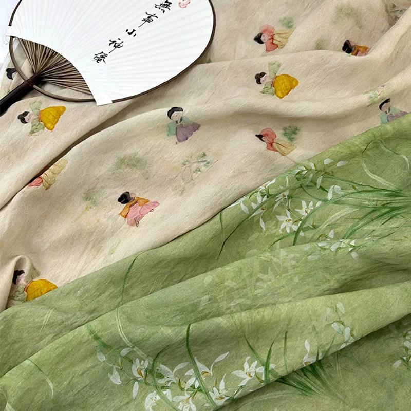 100cm Chinese Style Linen Fabric Summer Thin Tang Dynasty Princess Pattern Painting Fabric for DIY Hanfu Dress Cheongsam