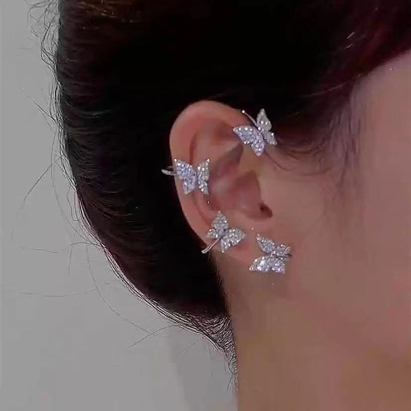 Trendy Diamond Butterfly Clip-On Earrings: Fashionable Non-Piercing Ear Hooks with Celebrity-Inspired Charm