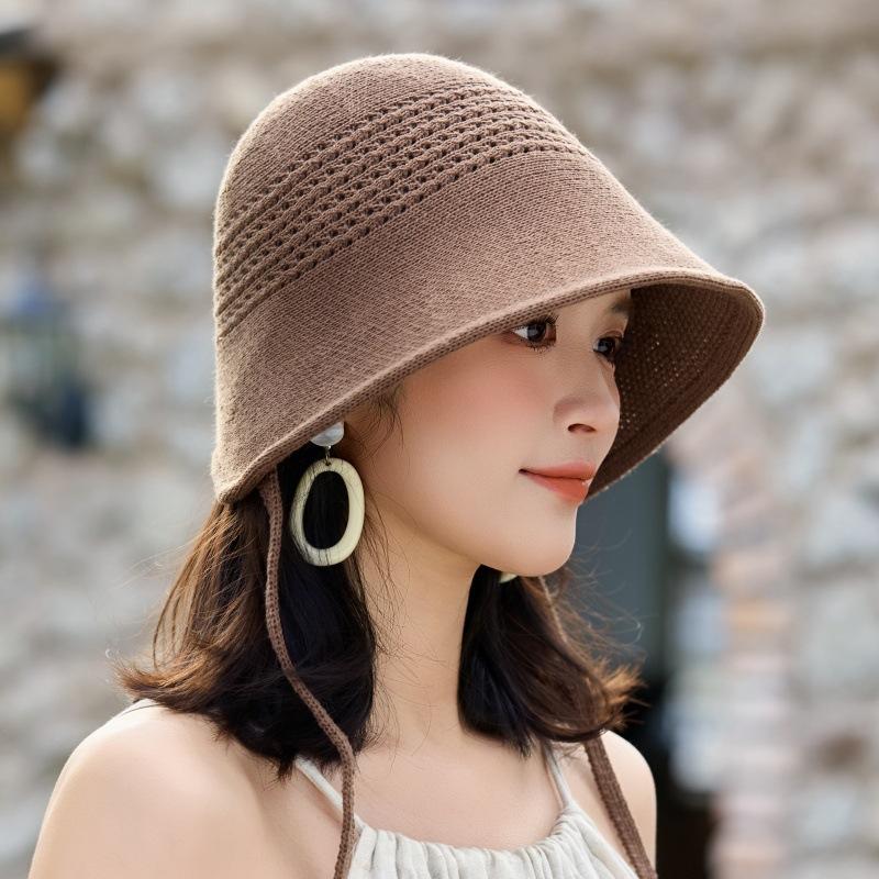 Summer Hollow Knitted Bucket Hat High-End Sun Hat Breathable Sunscreen Basin Hat Versatile Lace-Up Bucket Hat