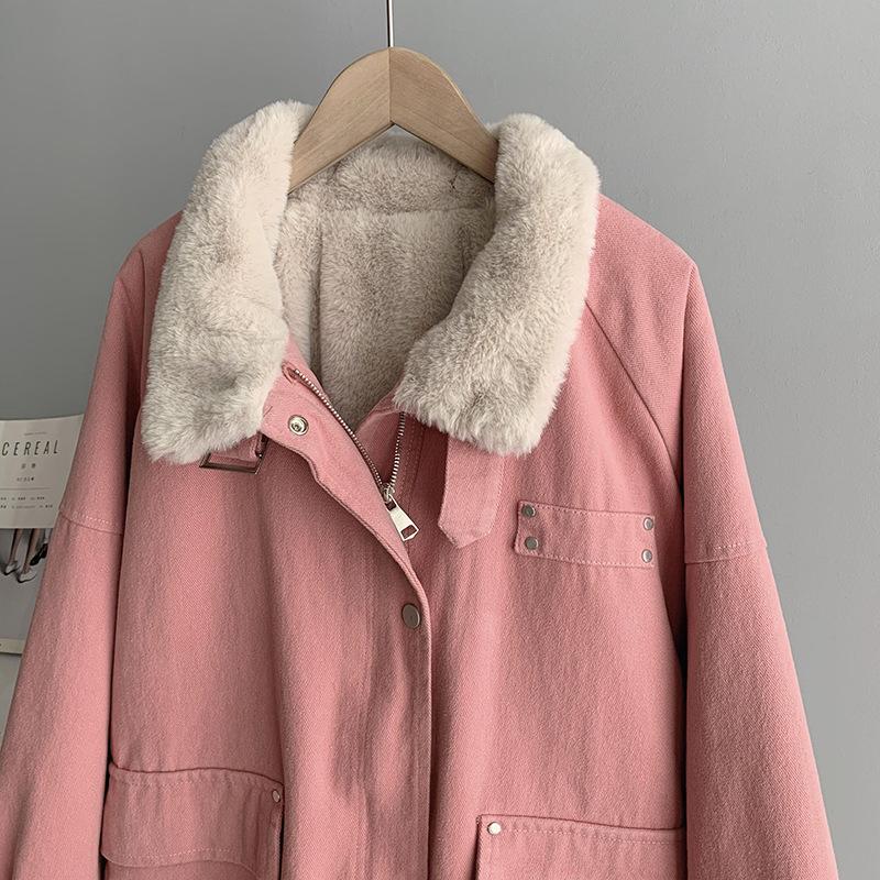Frauen Herbst Winter Stehkragen Langarm Denim Pelzigen Kausalen Chic Jacke Lose Zipper Jacke