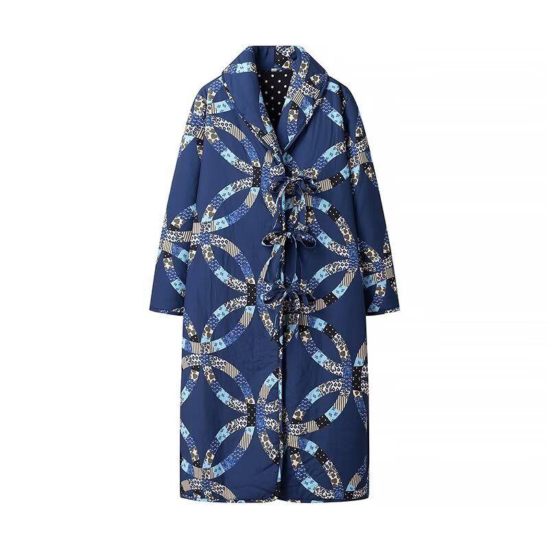 

Kaslead New Arrival Women s Clothing Fashion Style Stylish Simple and Versatile Print Extended Cotton Clothing Cotton Coat Outwear Tibetan Blue L