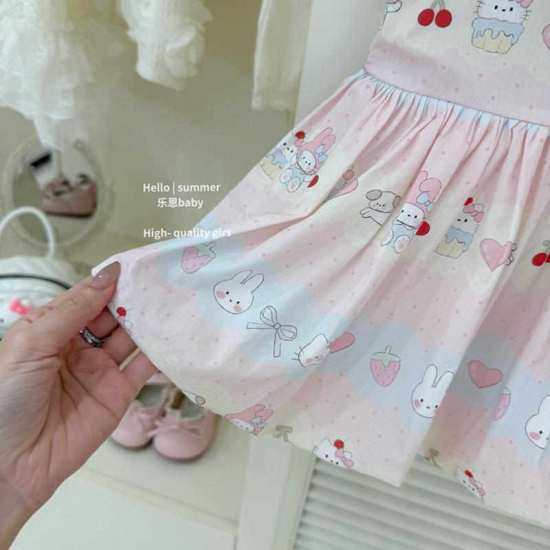 Girls Summer Pink Cartoon Bubble Dress Sweet Stylish Camisole Sundress