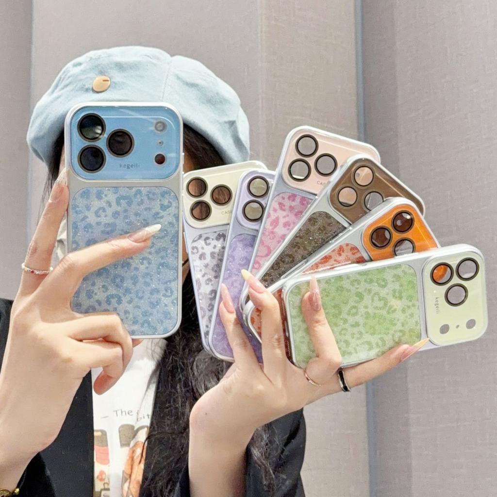 Luxury Leopard Large Window Case for iPhone 17 16 15 14 13 12 Pro Max Veneer Leather Silver Edge Hard PC Back Cover