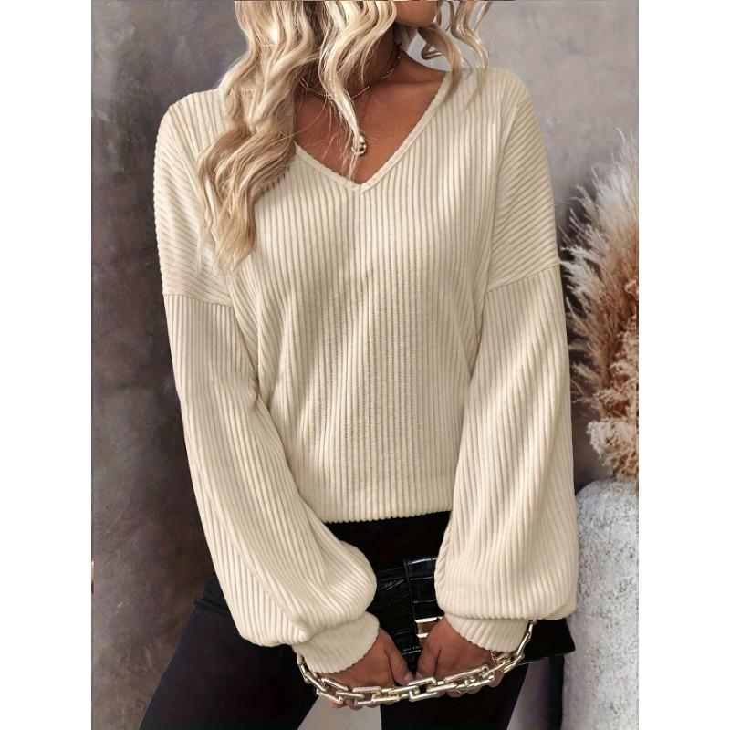 Fashion V-neck Autumn and Winter Long Sleeve Women T-shirts Casual Elegant Office Knitted Sweaters Top Solid Color Loose Streetwear Clothing