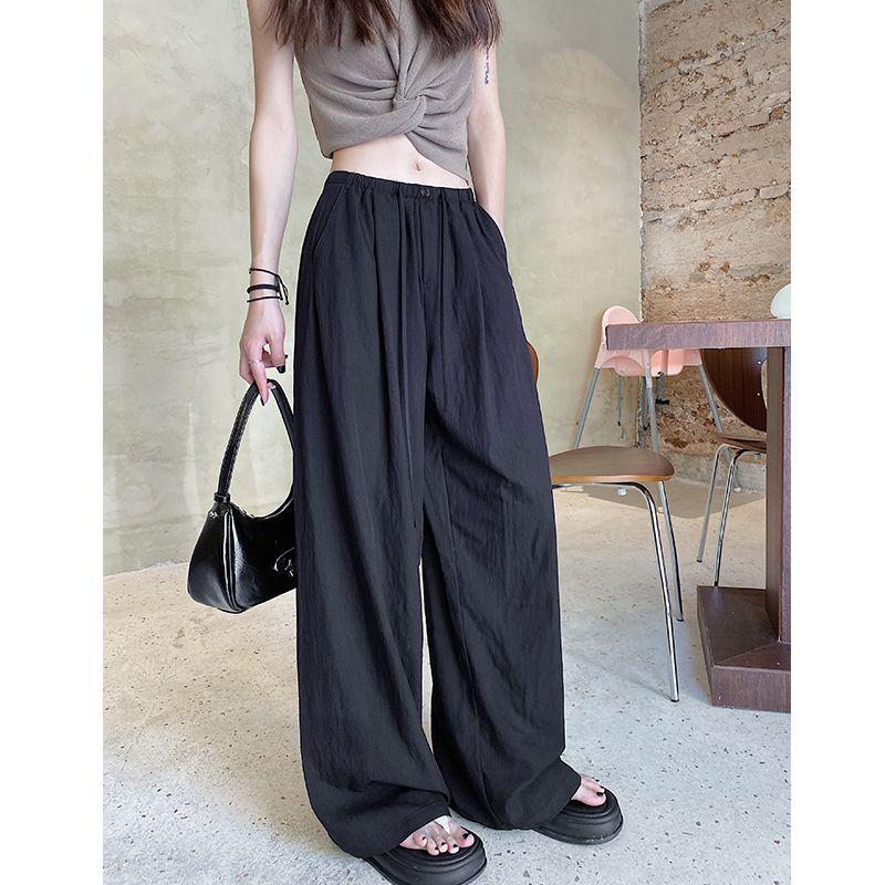 

Black Wide-Leg Pants Women Summer Thin Idle Style Small Sun Protection Cool Pants Straight Loose Ice Silk Yamamoto Pants Black (Long) S