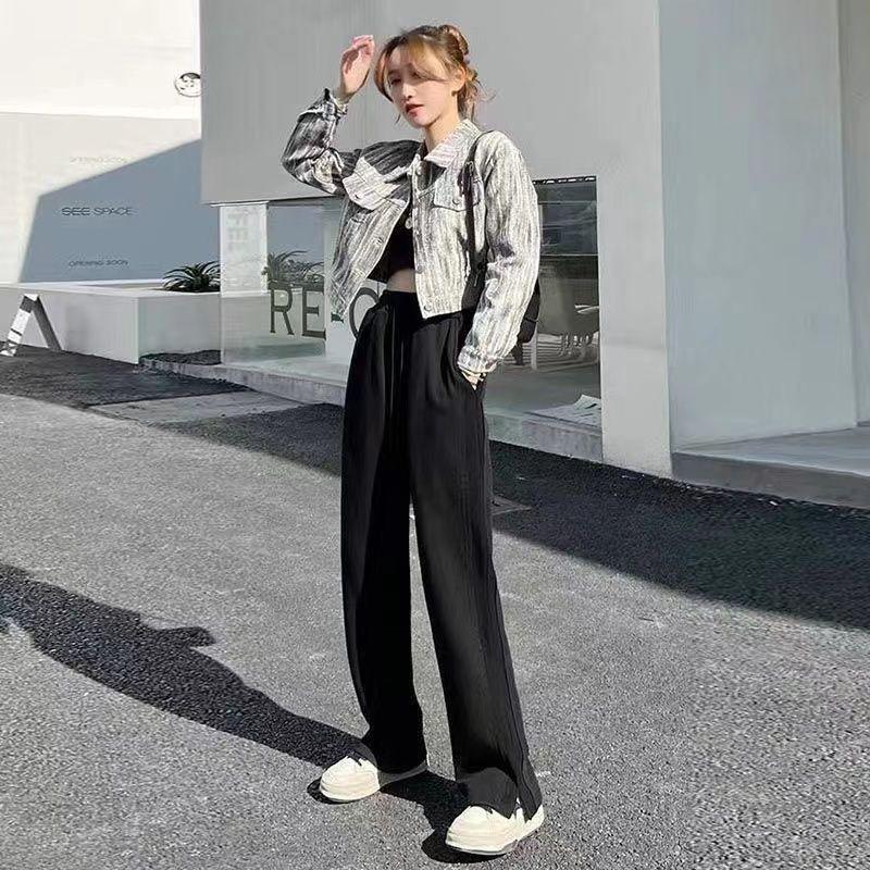 Women's Spring/Autumn Gray High-Waist Drapey Split Wide-Leg Sweatpants - Straight-Leg Casual Joggers