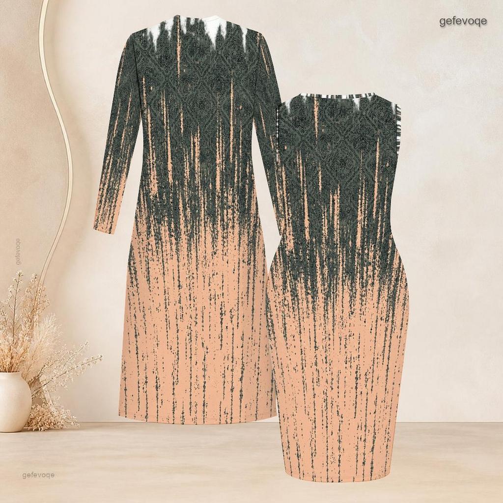 Women Plus Size Two Piece Set Abstract Printed Long Sleeve Open Front Cardigan Sleeveless Bodycon Dress