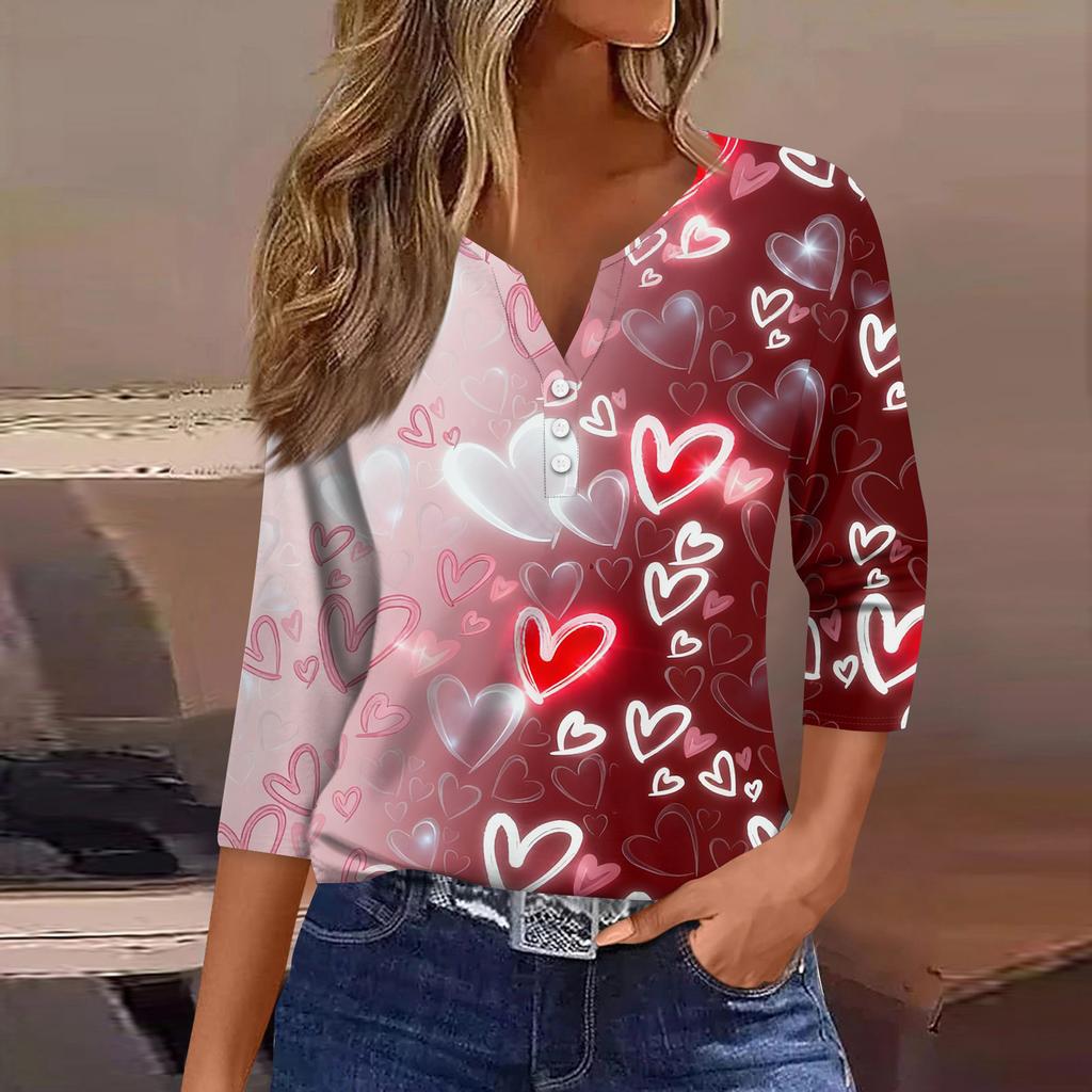 Women's Fashion Button-Up V-Neck Three-Quarter Sleeve Valentine's Day Print Top