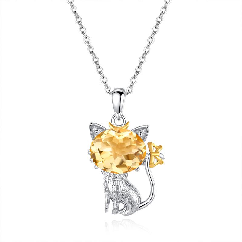 Natural crystal stone cat pendant S925 sterling silver necklace women's niche cute style girl gift jewelry