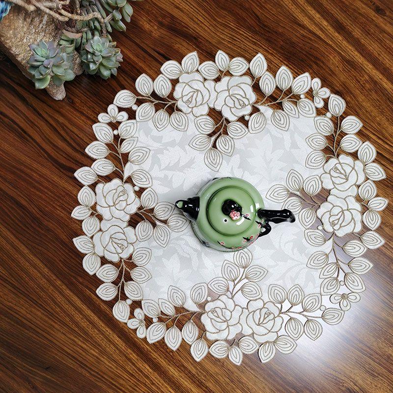 

Chinese Style Chinese Fad Embroider Fabric round Hollow Rose Decoration European Pastoral Small round Table Cloth Table Mat Coaster Placemat Beige + Lemon Tea 40 diameter circle