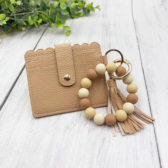 Silicone Bracelet Keychain Wallet Beaded Wristlet Credit Card Holder with Tassel Slim Card Wallet with ID