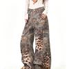 Spring American Wasteland Wind Leopard Print Splicing Scimitar Jeans Men's Trendy Brand Washed Old Deconstruction Wide-leg Pants