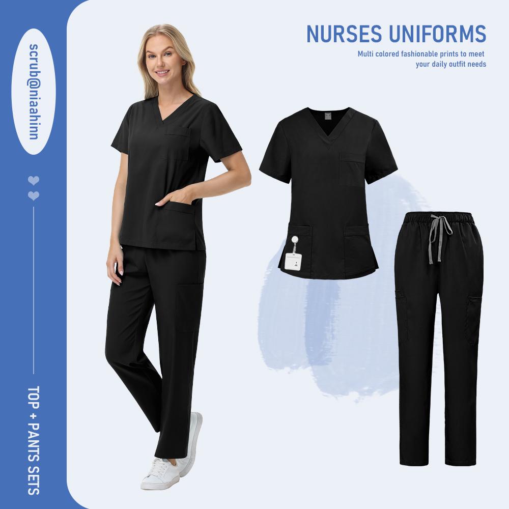 Nursing Surgical Uniforms Woman V-Neck Short Sleeved Uniform Scrub Sets Wholesale Lab Beauty Salon Workwear Pet Doctor Nurse Set