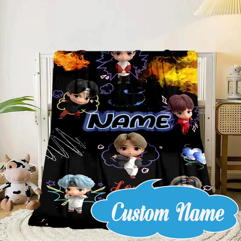 Custom Name K-pop BTS Artwork Characters Blanket bed sofa Blanket Flannel Blanket for Camping, Hiking, Picnic Essentials,gift for Fan family