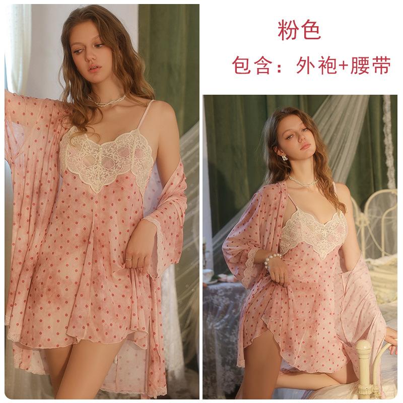 Women's Lace Sheer Mesh Push Up Padded Sleep Dress with Robe Lounge Set