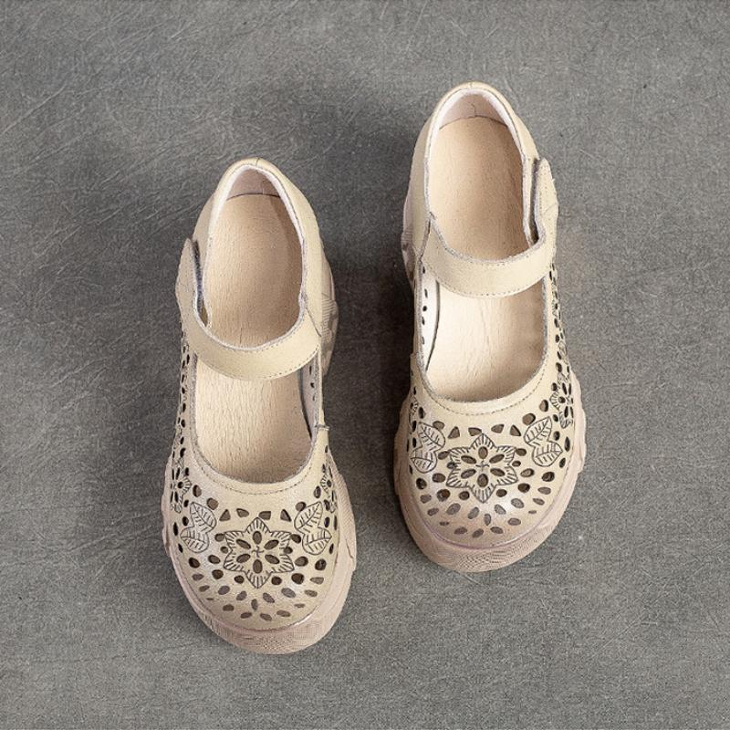 Johnature Zapatos de plataforma con punta redonda y suela gruesa para mujer, sandalias de cuña caladas cómodas Vintage de cuero genuino