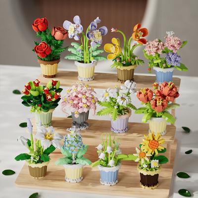 Bouquet creativo di blocchi da costruzione, regalo di pianta di fiori eterni in vaso, pianta di girasole rosa in vaso, giocattolo di blocchi da costruzione assemblato