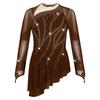 Girls Sparkly Rhinestones Dance Dress Mesh Long Sleeves Cutout Back Asymmetric Hem Figure Skating Dress