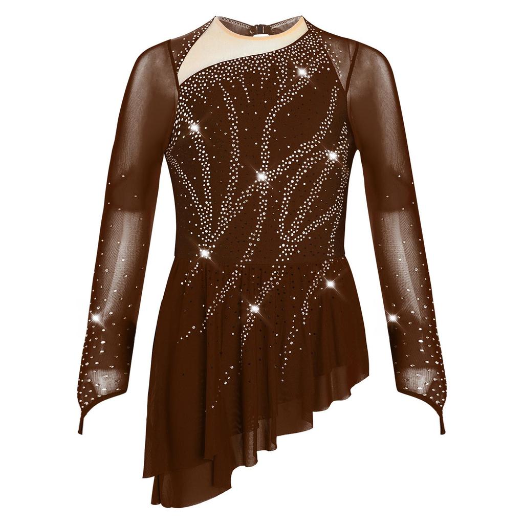 Girls Sparkly Rhinestones Dance Dress Mesh Long Sleeves Cutout Back Asymmetric Hem Figure Skating Dress