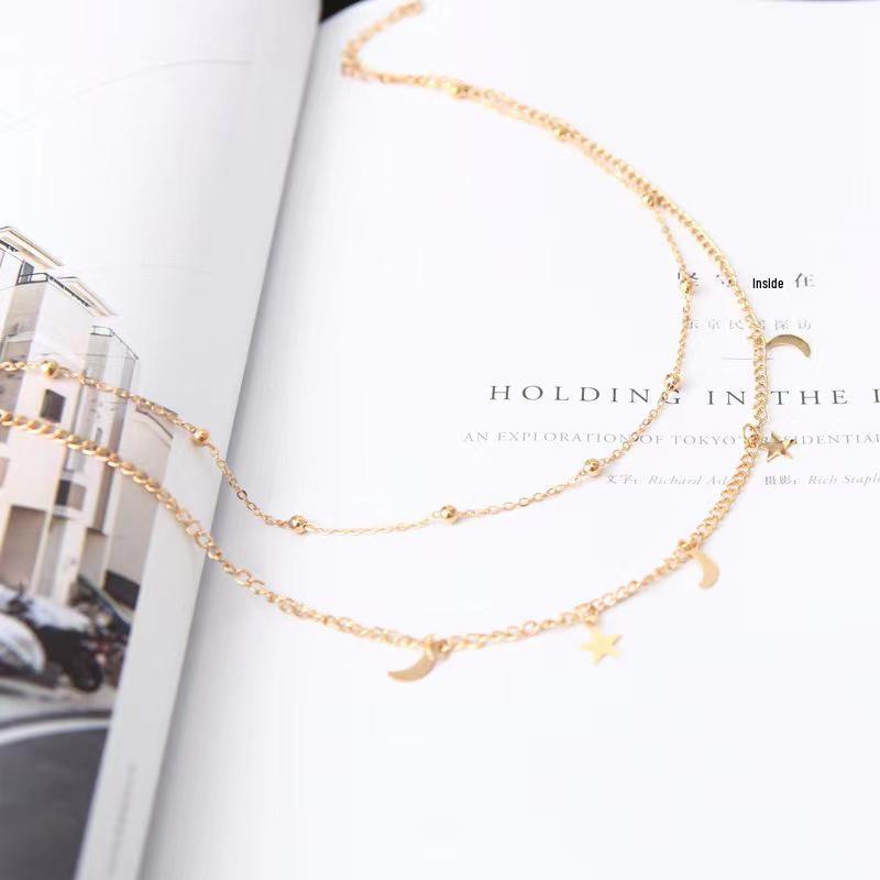Stainless Steel Bohemian Star & Moon Double Layer Tassel Chain Necklace