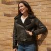 Womens Faux Suede Leather Jacket With Fur Collar Fall Winter Warm Outerwear Long Sleeve Zipper Coat