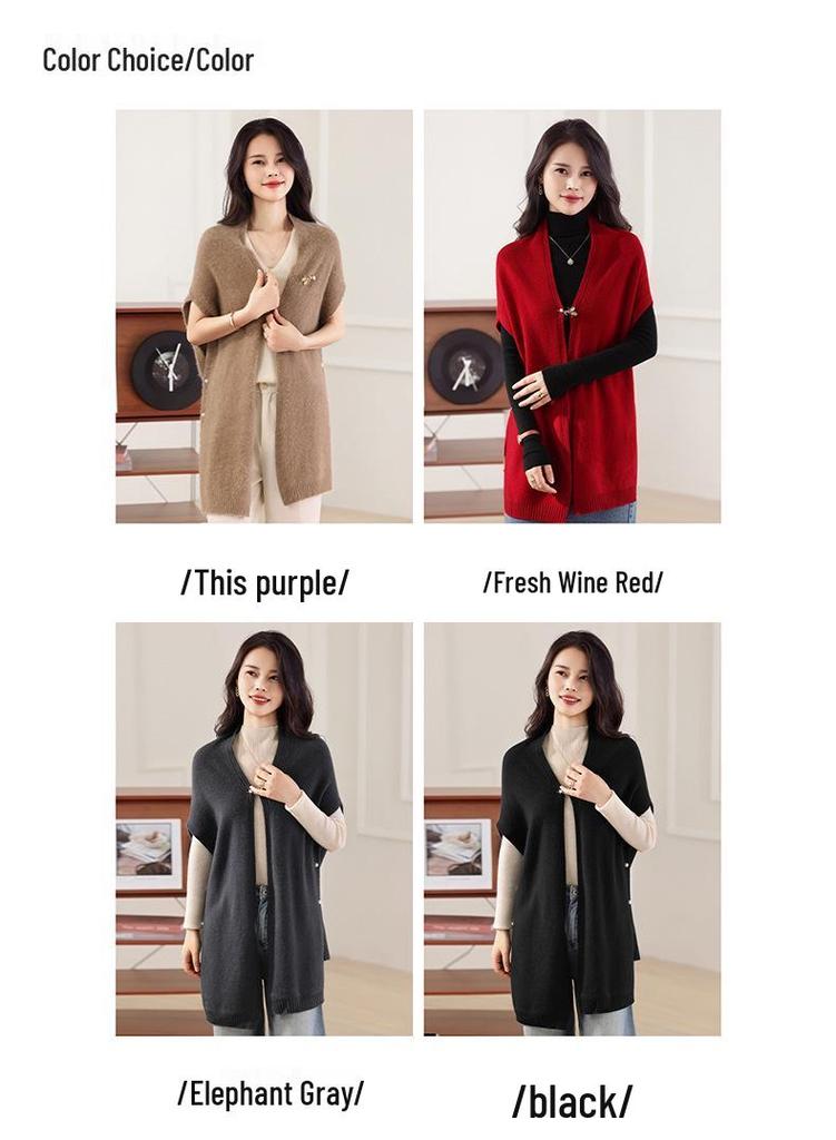 Women's Pure Wool V-Neck Shawl Cardigan: Autumn/Winter, Knit, Loose, Sleeveless Vest.