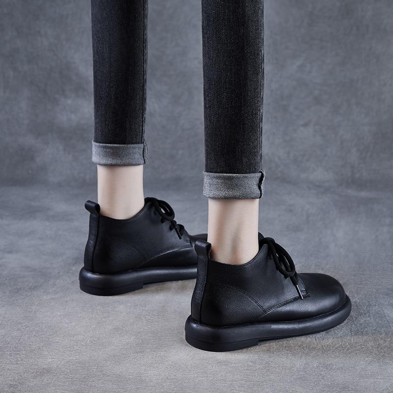 Autumn and Winter New Leather Single Boots Women's Casual 100 Retro Short Boots Soft Bottom Flat Bottom Boots Lace Up First Layer Cowhide