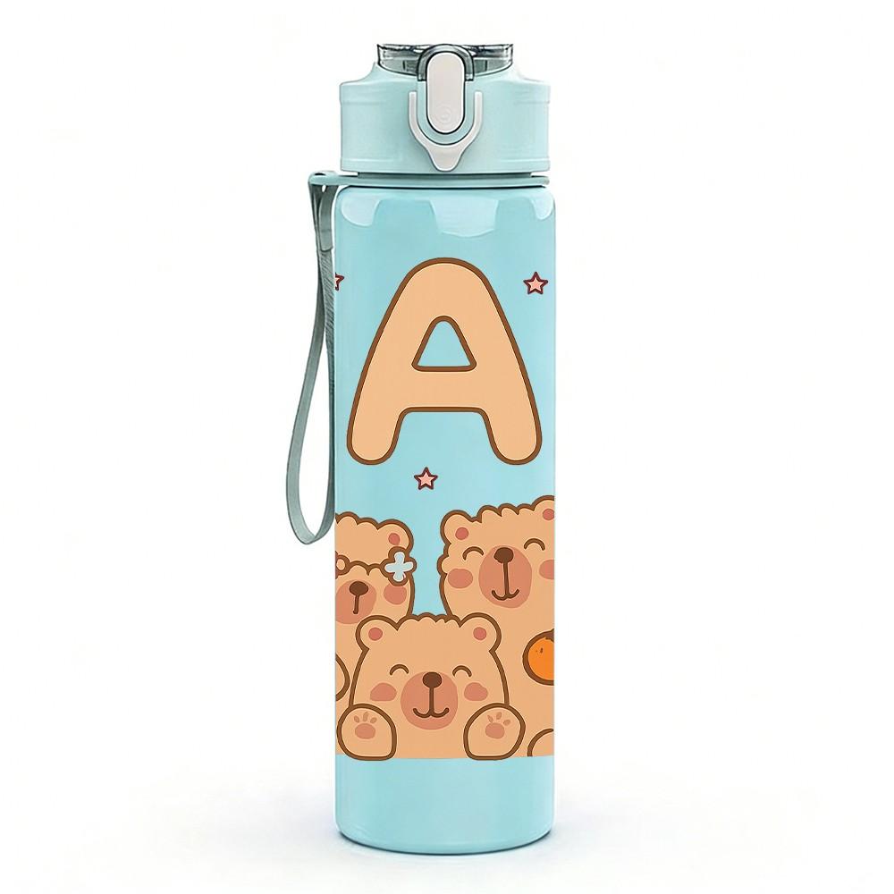1PC Letter A Bear Couple Print 750ml Color Plastic Sports Water Bottle Leakproof Flip Straw Lid Suitable for Sports Office Home Use