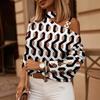 Autumn and winter long-sleeved chain neck print button decorative top women