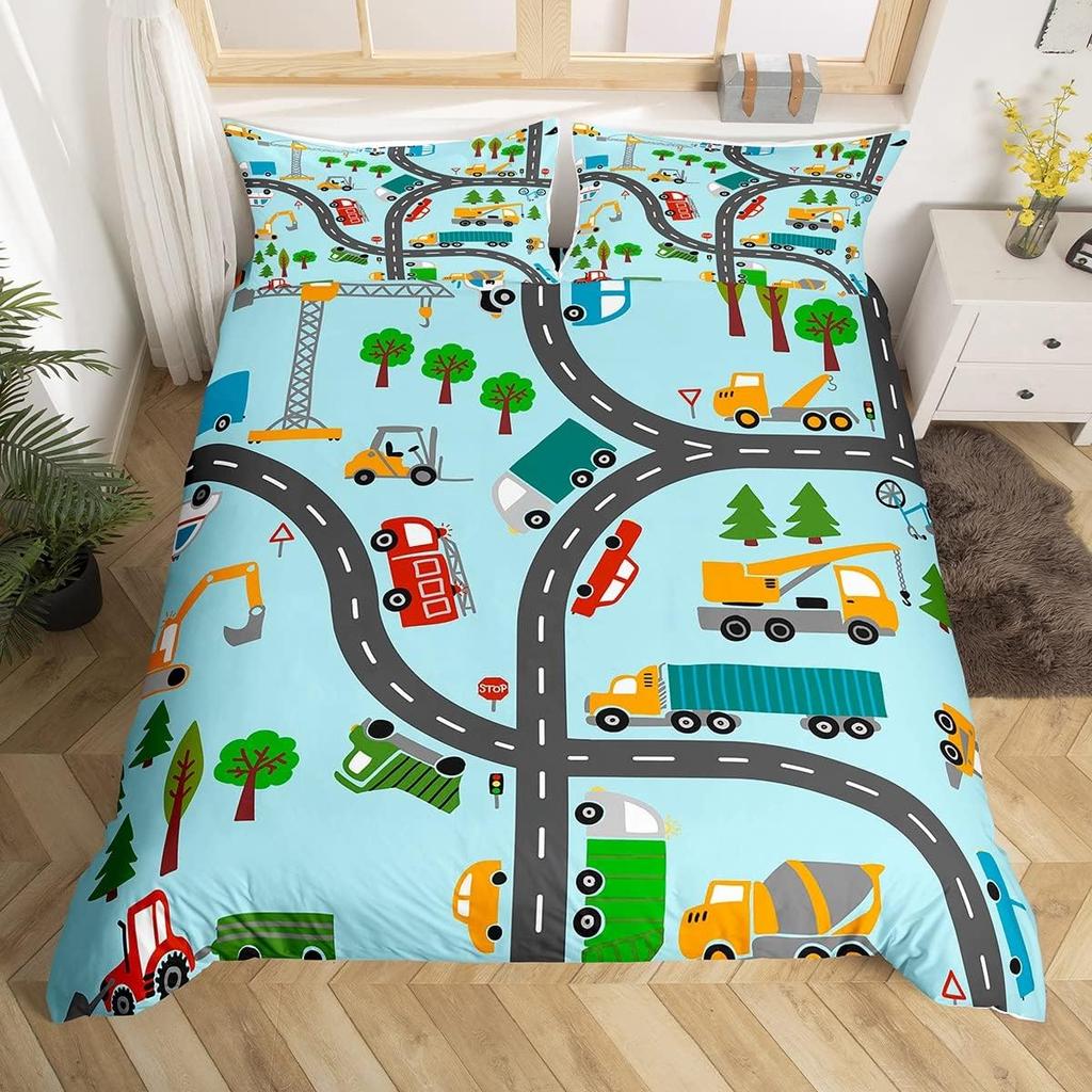 Comforter Cartoon Truck Twin City Landscape Bedding Set Hand Drawn Cartoon Vehicles City Map Railway Train Comforter