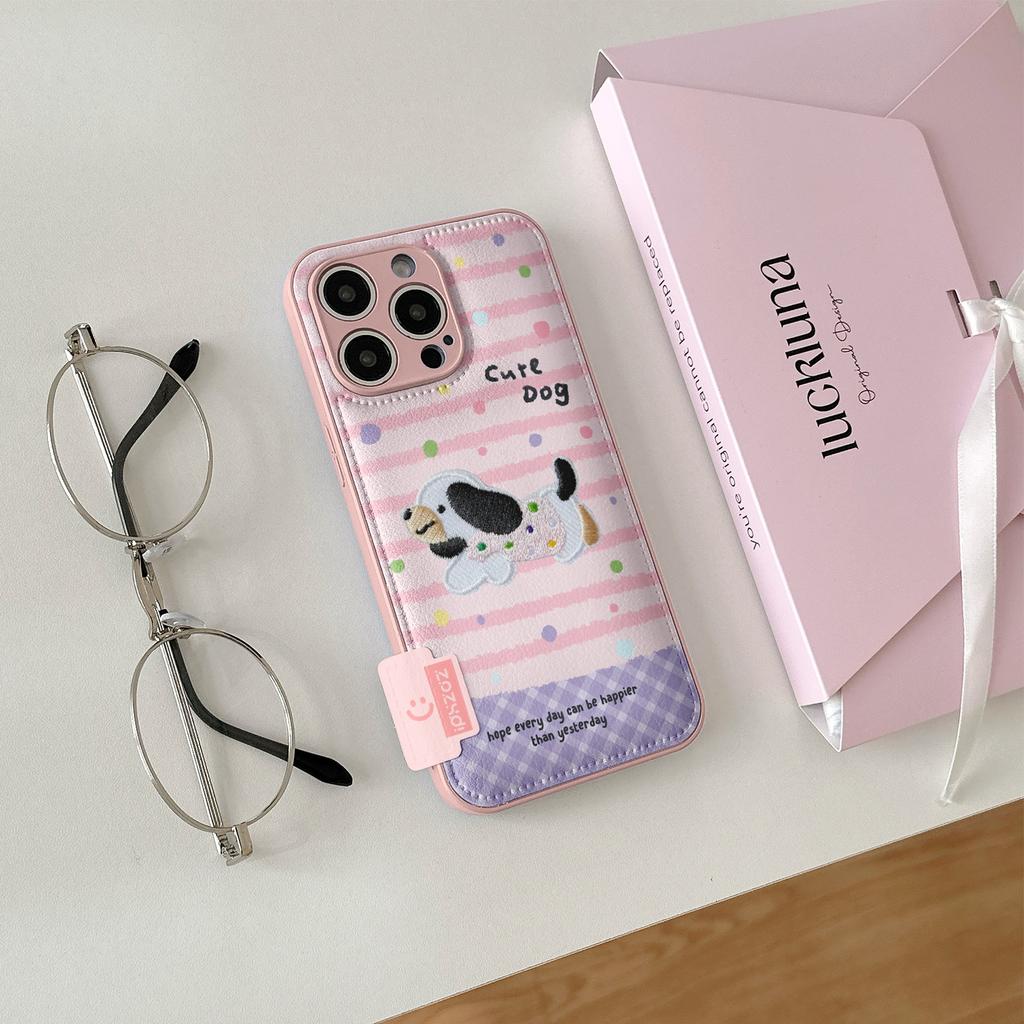 Striped Polka Dot Embroidery Puppy Apple 17promax Mobile Phone Case New iPhone16 Women's Autumn and Winter Drum Bag Anti-drop