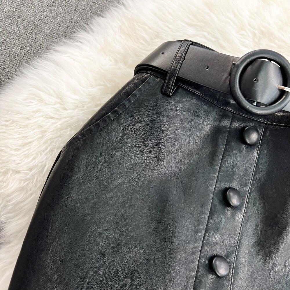 Herbst und Winter Retro Temperament Hohe Taille Schlank Paket Hüfte Einreihig Langer Abschnitt Offen Gewaschenes Leder Halbkörperrock