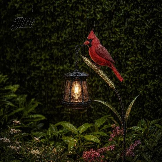 Tealight Candle Holder Outdoor Metal Red Bird Garden Stake Lamp, Vintage Lantern for Cemetery Yard Patio, Hollow For Candles Rustic Ornament,