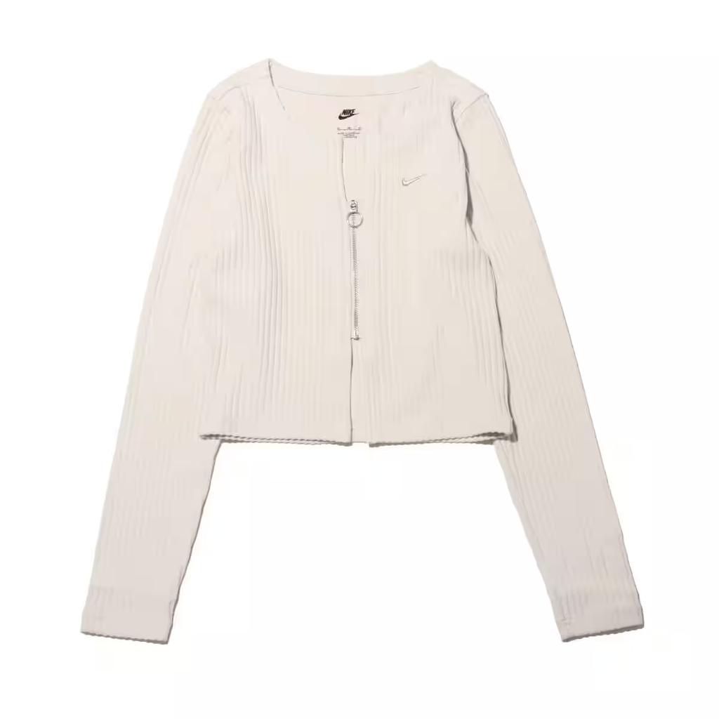 Nike Sportswear Chill Knit Solid Color Zip V-Neck Slim Ribbed Long Sleeve Sweater Women Tops Light-Brown FN3683-104