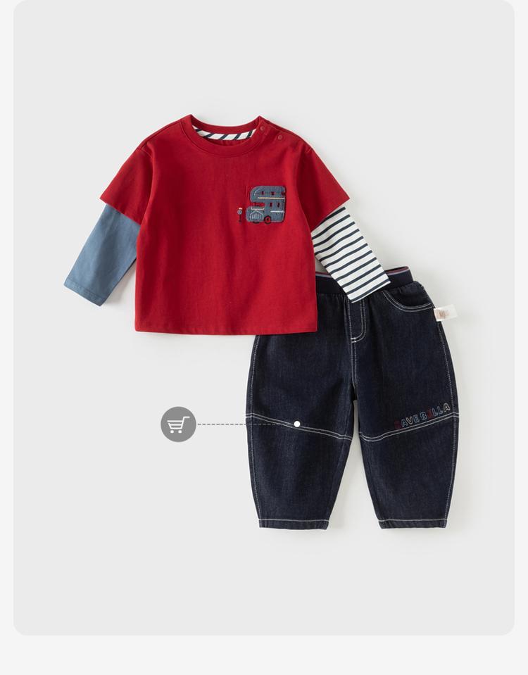 David Bella Boys' Long-sleeved T-shirt Spring Clothes New Children's Fake Two-piece Top Red Clothes